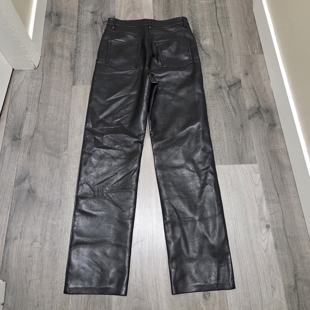 Aritzia Wilfred Black Leather Straight-Leg Pants High-Rise Minimalist Chic Luxe - Picture 9 of 11